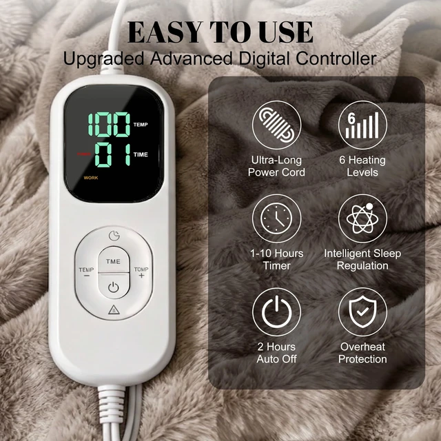 Alt view image 5 of 7 - Electric Heated Blanket Throw,Faux Rabbit Fur Heating Throw Blankets | Bubble Heated Blanket,8.86ft Detachable,Fast Heating with 1-10h Auto Off Timer,Overheat Protection,Machine Washable