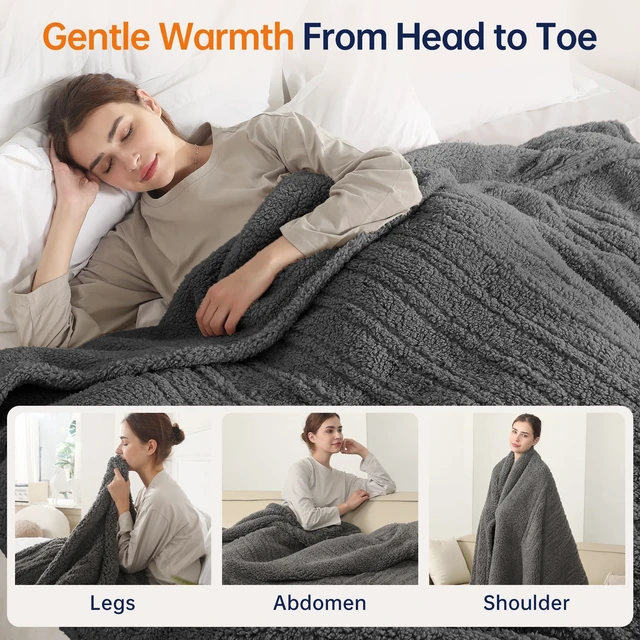 Alt view image 4 of 6 - Heated Throw Blanket, Fast Heating Electric Blanket Throw 50"x60" | Heated Throw Electric Blanket Double Sided Soft Sherpa, 5 Heating Levels & 4 Hours Auto Off, ETL Certified, Dark Gray