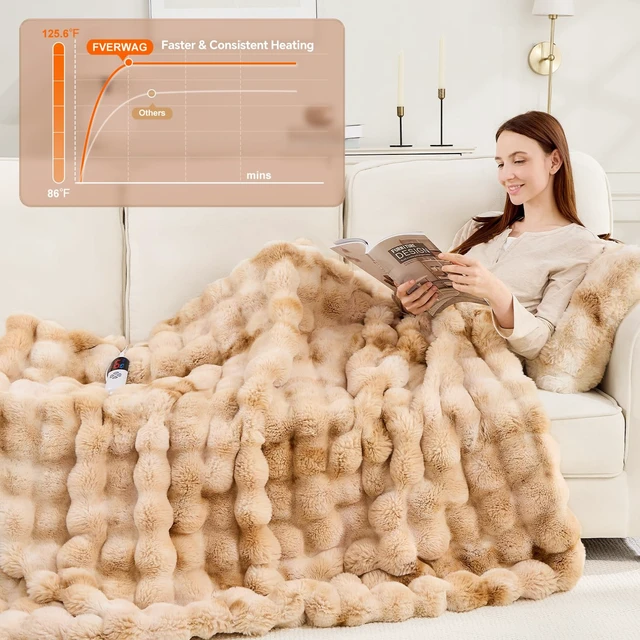 Alt view image 4 of 7 - Faux Fur Heated Throw Blanket for Couch, Women Gift, Tie-Dye Beige | 50"X60" Fluffy Soft Thick Bubble Electric Blanket, 6 Levels Fast Heating Blanket, 4H Timer, Washable, ETL Certified for Sofa