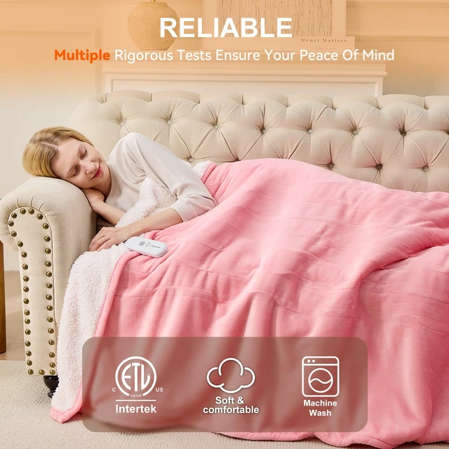 Alt view image 4 of 7 - Pink Heated Blanket, Electric Blanket Twin Size, ETL Certified | 10 Hours Auto Off, 5 Heat Settings, Even Fast Heating Blanket with Ultra-Soft Flannel Sherpa, Warm Gifts for Women, 62"x84"
