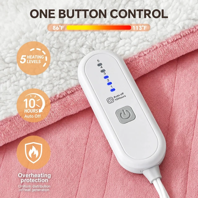 Alt view image 6 of 7 - Pink Heated Blanket, Electric Blanket Twin Size, ETL Certified | 10 Hours Auto Off, 5 Heat Settings, Even Fast Heating Blanket with Ultra-Soft Flannel Sherpa, Warm Gifts for Women, 62"x84"