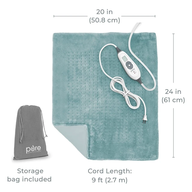 Alt view image 7 of 7 - PureRelief Ultra-Wide Microplush Heating Pad - 20 x 24 XXL Size & 6 Heat Settings for Temporary Neck, Shoulder & Back Pain Relief - Moist Heat Option & Machine Washable (Sea Glass)