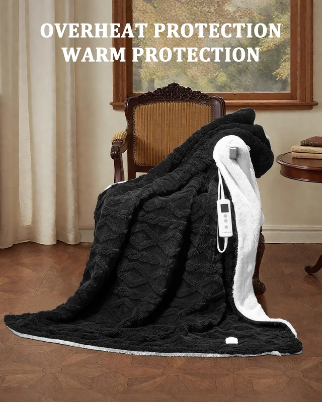 Alt view image 2 of 7 - Heated Throw Blanket, Thick Tufted Sherpa Electric Blanket Throw | 10 Heating Levels and 10 Time Settings, ETL Certified Machine Washable Fast Heating Blanket Throw 50"×60", black