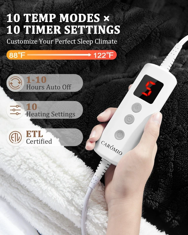 Alt view image 4 of 7 - Heated Throw Blanket, Thick Tufted Sherpa Electric Blanket Throw | 10 Heating Levels and 10 Time Settings, ETL Certified Machine Washable Fast Heating Blanket Throw 50"×60", black