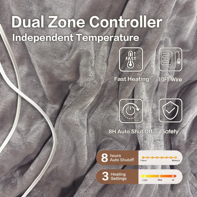 Alt view image 3 of 7 - Heated Blanket Queen Size, Soft Cozy Double Flannel Electric Blanket | ETL & FCC Certified, 3 Heating Levels, 8H Auto Off, Overheat Protection, for Bedroom, Gifts for Women, Men, Gray