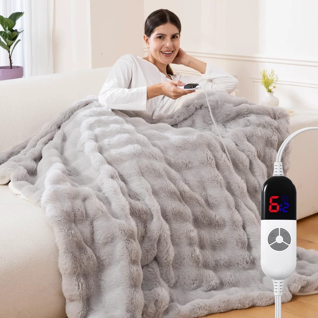 Main image of Electric Throw Blanket, Fluffy Faux Fur Heated Blanket Throw 50x60", Grey | 6 Heating Levels, 12hrs Timer, Machine Washable, ETL Certified, Couch Bed Use, Gift for Men Women, Bubble