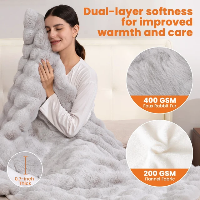 Alt view image 2 of 6 - Electric Throw Blanket, Fluffy Faux Fur Heated Blanket Throw 50x60", Grey | 6 Heating Levels, 12hrs Timer, Machine Washable, ETL Certified, Couch Bed Use, Gift for Men Women, Bubble