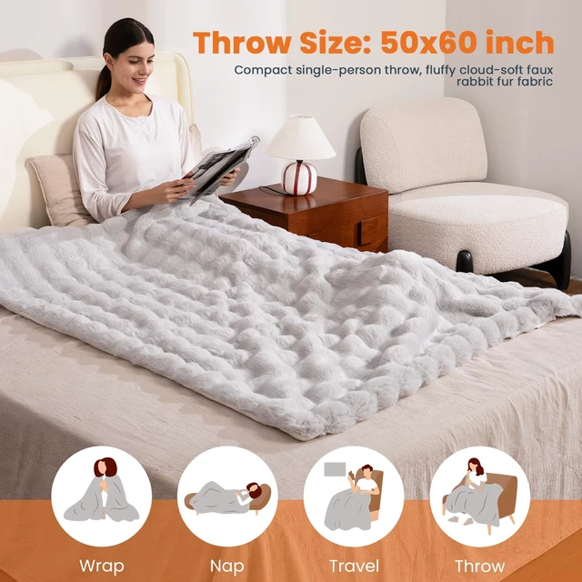 Alt view image 4 of 6 - Electric Throw Blanket, Fluffy Faux Fur Heated Blanket Throw 50x60", Grey | 6 Heating Levels, 12hrs Timer, Machine Washable, ETL Certified, Couch Bed Use, Gift for Men Women, Bubble