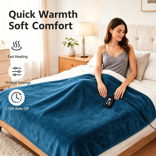 Alt view image 5 of 7 - Electric Heated Blanket Full Size 72" x 84", Soft Flannel Heating Blanket for Bed, Sofa, Bedroom, 10 Heat Settings, 1-12H Auto Shut Off, Overheat Protection, Machine Washable, Lake Blue