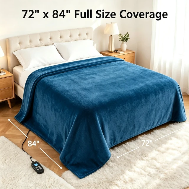 Alt view image 7 of 7 - Electric Heated Blanket Full Size 72" x 84", Soft Flannel Heating Blanket for Bed, Sofa, Bedroom, 10 Heat Settings, 1-12H Auto Shut Off, Overheat Protection, Machine Washable, Lake Blue