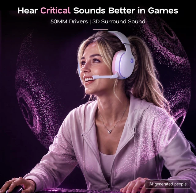 Alt view image 3 of 7 - AOC 2.4GHz Wireless Gaming Headset for PS5, PS4, PC, Switch, 45Hr, Pink | Bluetooth 6.0 Gaming Headphones with Noise Canceling Mic, 7.1 Virtual Surround, Great for Fortnite & Call of Duty/FPS Gamers