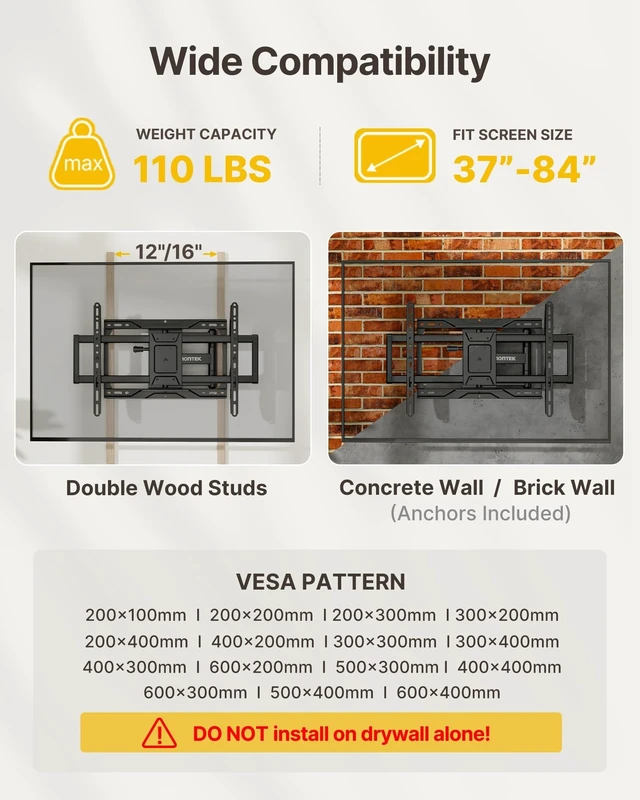 Alt view image 2 of 7 - Full Motion TV Wall Mount for 37-84 Inch TVs Articulating arms with +/-90 degree swivel, tool-free tilt, holds 110 lbs, 4X tested, Max VESA 600x400mm, fits 12/16 in studs