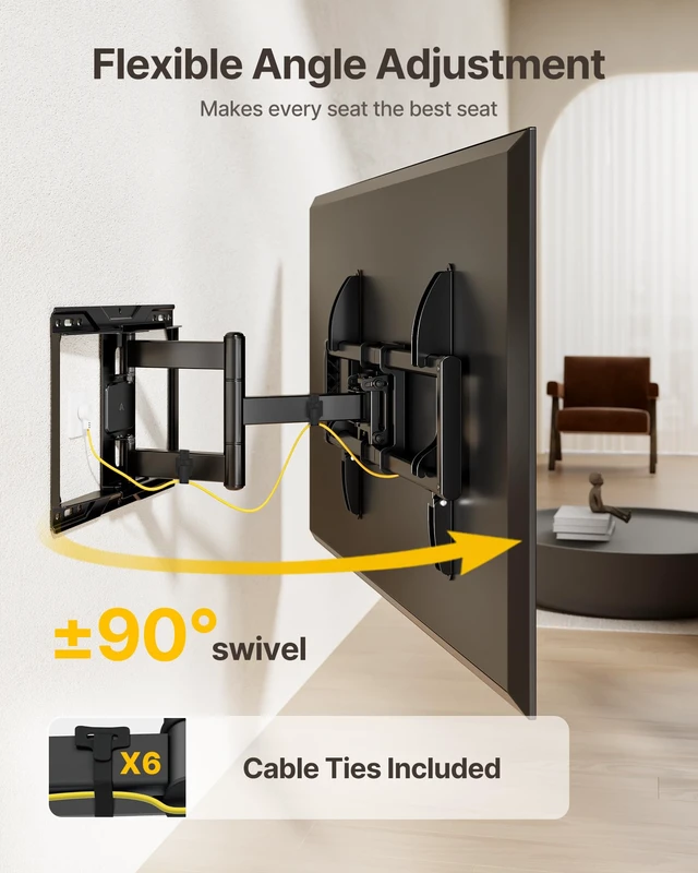 Alt view image 5 of 7 - Full Motion TV Wall Mount for 37-84 Inch TVs Articulating arms with +/-90 degree swivel, tool-free tilt, holds 110 lbs, 4X tested, Max VESA 600x400mm, fits 12/16 in studs