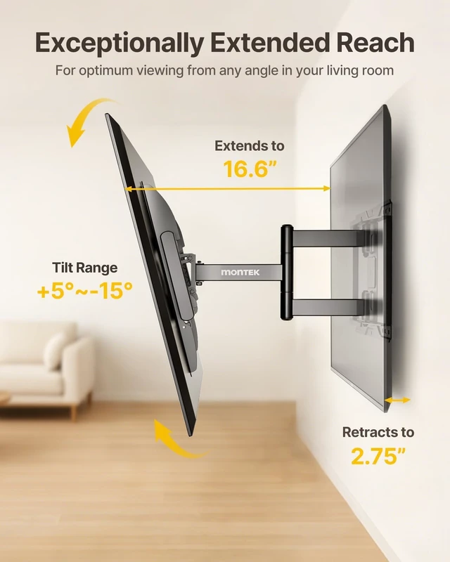 Alt view image 6 of 7 - Full Motion TV Wall Mount for 37-84 Inch TVs Articulating arms with +/-90 degree swivel, tool-free tilt, holds 110 lbs, 4X tested, Max VESA 600x400mm, fits 12/16 in studs