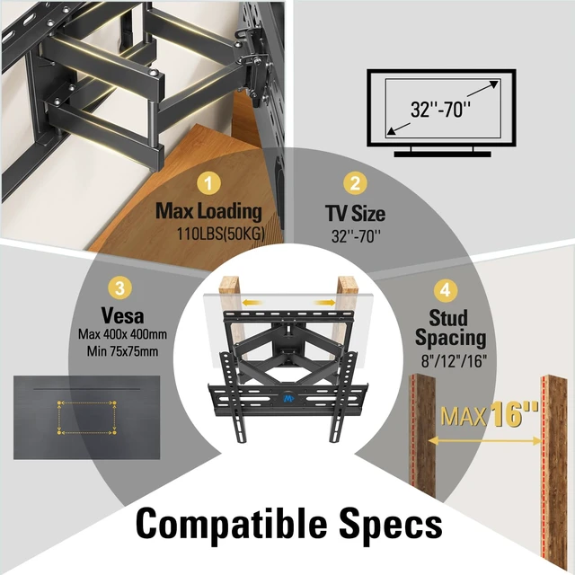 Alt view image 7 of 7 - Full Motion TV Wall Mount for 32-70 Inch TVs up to 110lbs Mount Bracket with Swivel and Tilt, TV Bracket with Articulating Dual Arms, Fits 16 Studs, Max VESA 400X400 mm, MD2380
