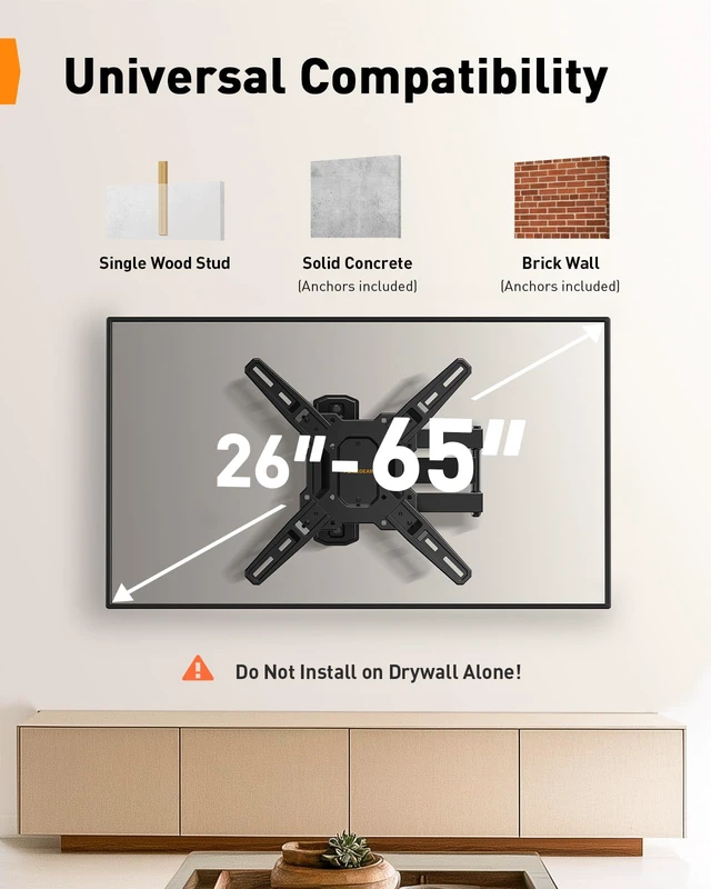 Alt view image 2 of 7 - Full Motion TV Mount for 2665 inch TVs up to 82 lbs | Swivel Articulating Corner TV Wall mount with Tool-Free, Single Stud Wall Mount TV bracket, Max VESA 400x400mm PGMF3