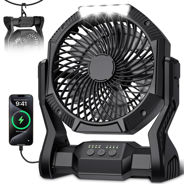 Alt view image 2 of 7 - Portable Rechargeable Fan, 20000mAh Battery Powered Camping Fan with LED Light & Hook, 270° Adjustable, 4-Speed, 4H Timer Camping Essentials for Outdoor Tent Travel BBQ Car, Gifts for Men Dad