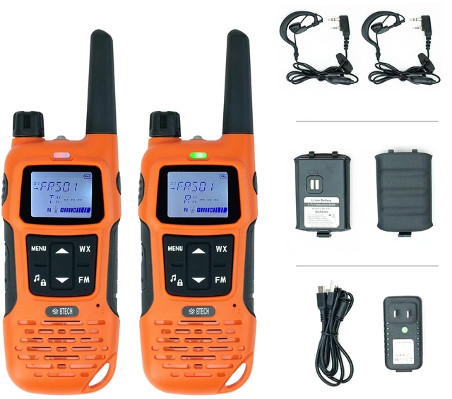 Main image of FRS-A1 2-Pack Walkie Talkies for Adults, License-Free FRS Two-Way Radios with USB-C Charging, NOAA Weather, Dual Watch, Named Channels, Tone Scan, IP54 (Orange)