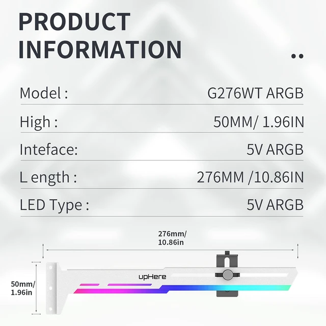 Alt view image 5 of 7 - 5V Addressable RGB White Graphics Card GPU Brace Support Video Card Sag Holder,Built-in 5V ARGB Strip,Adjustable Length and Height Support,G276WTARGB