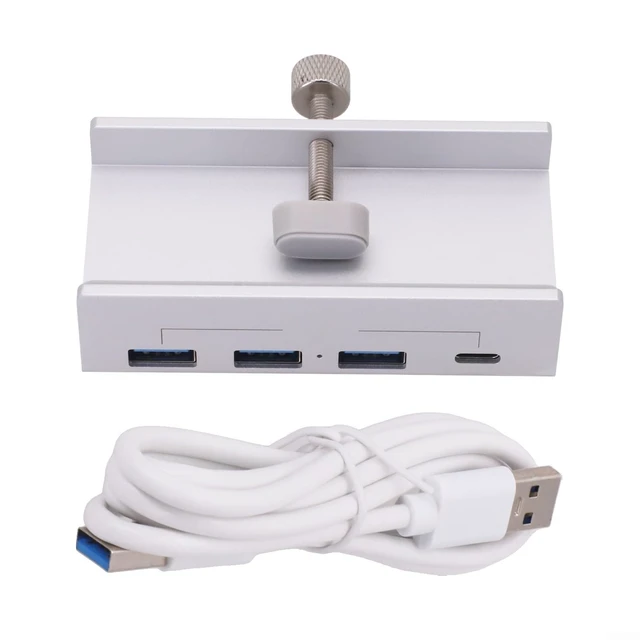 Alt view image 2 of 7 - 4 Ports USB 3.0 Hub Aluminum Docking Station with Clamp, 5Gbps Data Transfer Splitter Adapter for PC Laptop Monitor Edge 10-32mm, Silver