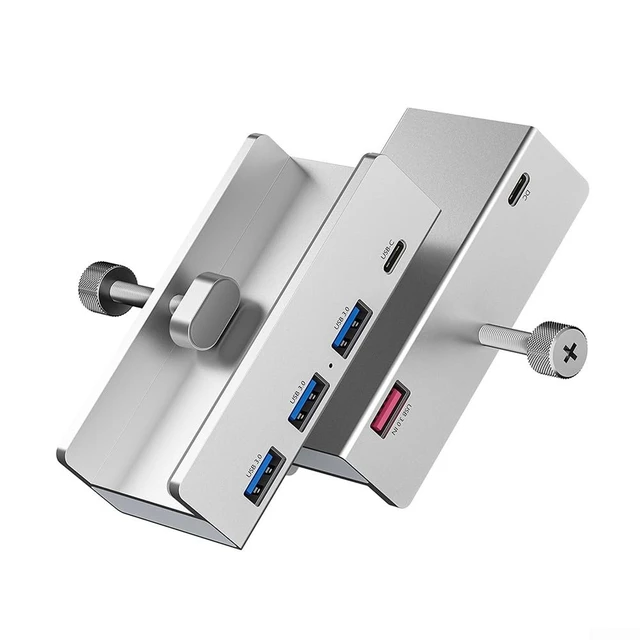 Alt view image 4 of 7 - 4 Ports USB 3.0 Hub Aluminum Docking Station with Clamp, 5Gbps Data Transfer Splitter Adapter for PC Laptop Monitor Edge 10-32mm, Silver