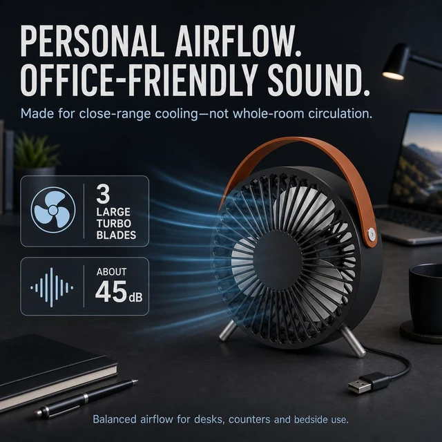 Alt view image 2 of 5 - USB Desk Fan, 5.5-Inch Mini Personal Table Fan with 3 Large Blades, Quiet 45 dB Brushless Motor, Fixed Metal Legs and Carry Loop, 5V 2.5W, 39.3-Inch Cable, Blac