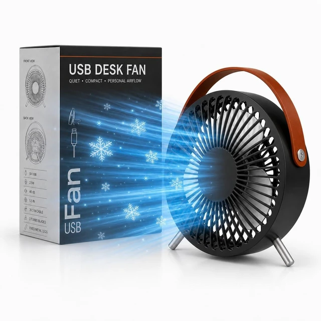 Main image of USB Desk Fan, 5.5-Inch Mini Personal Table Fan with 3 Large Blades, Quiet 45 dB Brushless Motor, Fixed Metal Legs and Carry Loop, 5V 2.5W, 39.3-Inch Cable, Blac