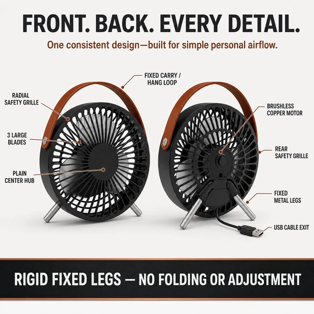 Alt view image 4 of 5 - USB Desk Fan, 5.5-Inch Mini Personal Table Fan with 3 Large Blades, Quiet 45 dB Brushless Motor, Fixed Metal Legs and Carry Loop, 5V 2.5W, 39.3-Inch Cable, Blac