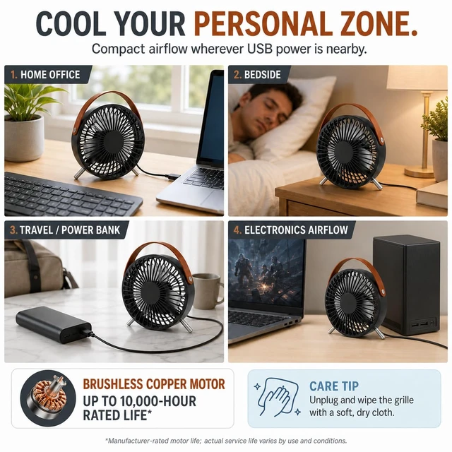 Alt view image 5 of 5 - USB Desk Fan, 5.5-Inch Mini Personal Table Fan with 3 Large Blades, Quiet 45 dB Brushless Motor, Fixed Metal Legs and Carry Loop, 5V 2.5W, 39.3-Inch Cable, Blac