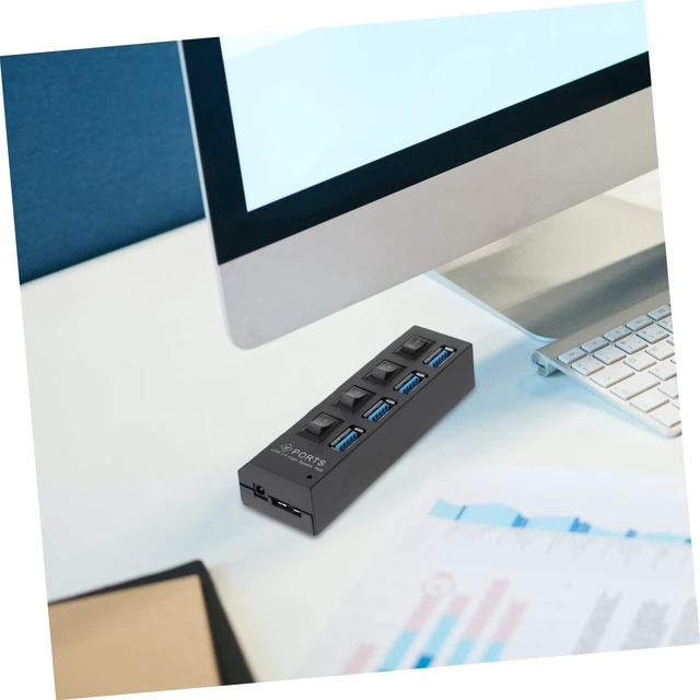 Alt view image 2 of 7 - Independent Hub Port High Speed Data Transfer USB Concentrator with Chip External Power Support Overload Protection Black US Plug for Computers and Laptops
