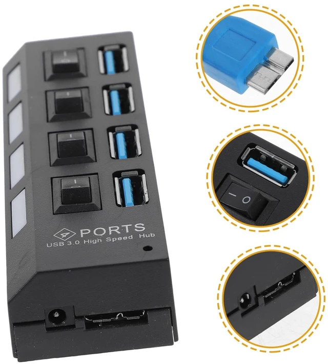 Alt view image 2 of 7 - USB 3.0 Hub 4 Ports and Independent Power for Computer High-Speed USB Concentrator for Laptops and Desktops Black