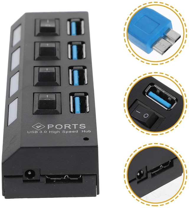 Alt view image 7 of 7 - USB 3.0 Hub 4 Ports USB Concentrator with Independent Power Switches for Laptop and Desktop Black US Plug