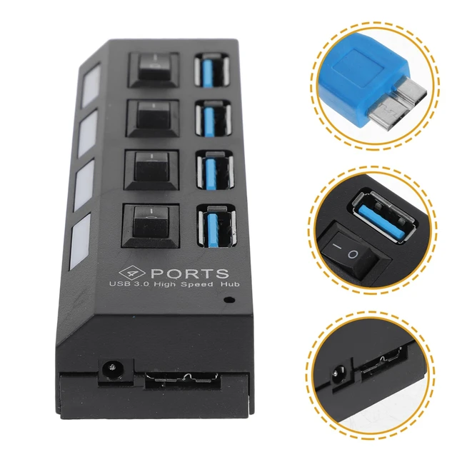 Alt view image 6 of 7 - USB 3.0 Hub 4 Port Black ABS Concentrator with Independent Controls | External Power Interface, Overload Voltage Protection, Stable Speed, Minimalist Design for USB Device