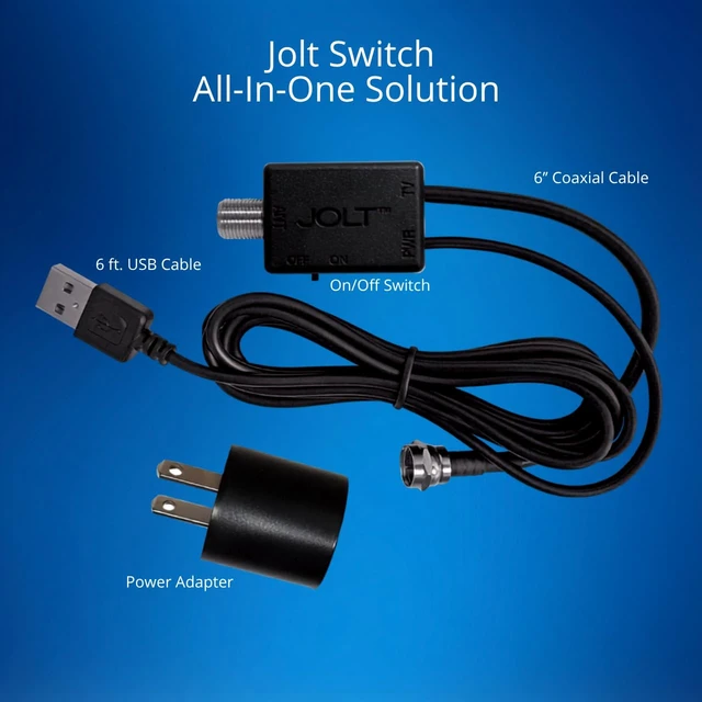 Alt view image 6 of 7 - Jolt Switch USB in-Line Amplifier for TV Antenna, Black Adjustable on and off amplification, 6 ft. USB Cable, Coaxial Cable, USB Power Adapter