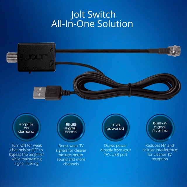 Alt view image 4 of 7 - Jolt Switch USB in-Line Amplifier for TV Antenna, Black Adjustable on and off amplification, 6 ft. USB Cable, Coaxial Cable, USB Power Adapter