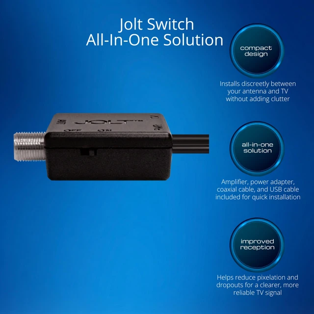 Alt view image 5 of 7 - Jolt Switch USB in-Line Amplifier for TV Antenna, Black Adjustable on and off amplification, 6 ft. USB Cable, Coaxial Cable, USB Power Adapter