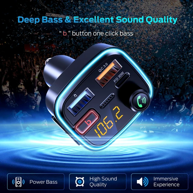 Alt view image 6 of 7 - Bluetooth 5.4 Car Adapter, 48W Fast Charging Bluetooth Adapter for Car, Wireless FM Transmitter with Deep Bass Player, Hands-Free Calling & Audio Receiver, Support USB Drive