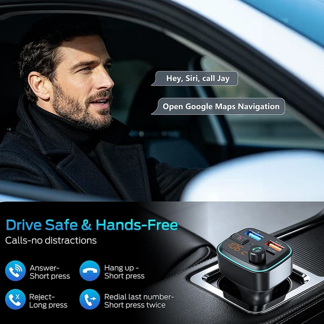 Alt view image 5 of 7 - Bluetooth 5.4 Car Adapter, 48W Fast Charging Bluetooth Adapter for Car, Wireless FM Transmitter with Deep Bass Player, Hands-Free Calling & Audio Receiver, Support USB Drive