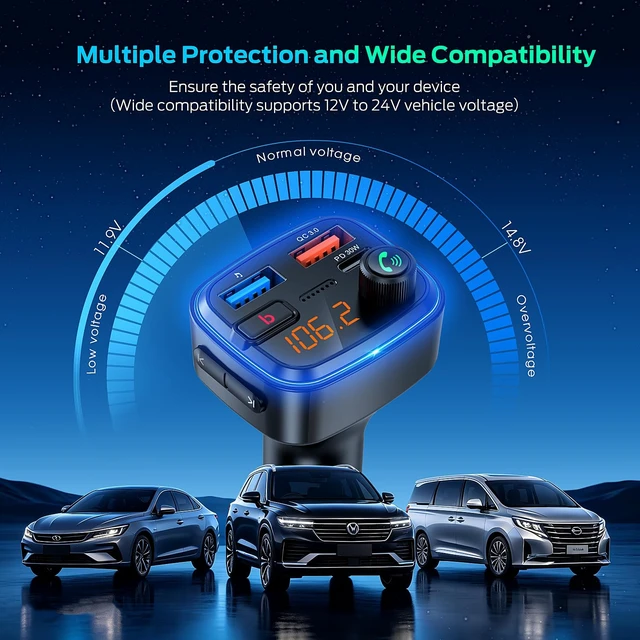Alt view image 7 of 7 - Bluetooth 5.4 Car Adapter, 48W Fast Charging Bluetooth Adapter for Car, Wireless FM Transmitter with Deep Bass Player, Hands-Free Calling & Audio Receiver, Support USB Drive