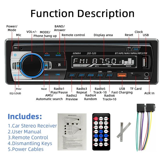 Alt view image 7 of 7 - JSD-530 Single DIN Car Stereo Bluetooth Audio Player Handsfree Radio Receiver Dual USB Ports & Fast Charging FM/MP3/TF/AUX/EQ, No CD Player
