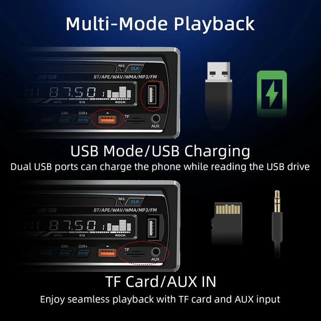 Alt view image 3 of 7 - JSD-530 Single DIN Car Stereo Bluetooth Audio Player Handsfree Radio Receiver Dual USB Ports & Fast Charging FM/MP3/TF/AUX/EQ, No CD Player
