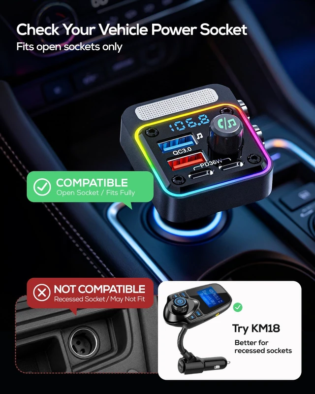 Alt view image 7 of 7 - 54W Bluetooth 5.3 Car Adapter, FM Transmitter 4-Port Fast Charging | Wireless Radio Player Car Charger, CVC Noise Cancellating, Deep Bass, 5 Colors LED Backlit, Hands-Free Call Support USB Drive