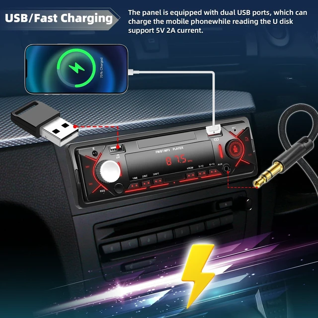 Alt view image 5 of 7 - Single Din Car Stereo with Bluetooth 5.0 Hands Free Calling Digital Car Stereo Receiver FM Radio Car Mp3 Player Audio Multimedia System with 2 USB/AUX FM Radio USB Quick Charge LCD Digital Display