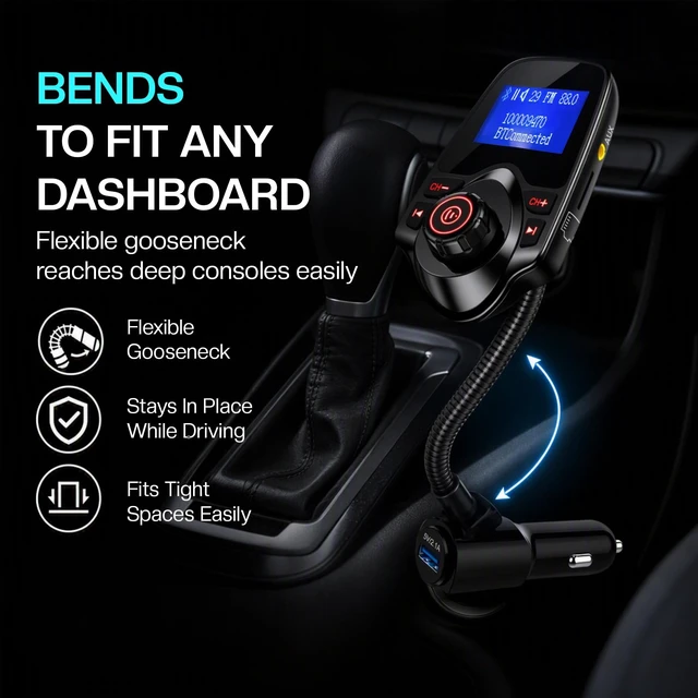 Alt view image 3 of 7 - Bluetooth FM Transmitter for Car, Bluetooth Car Adapter, Black | Dual USB Fast Charging, Bluetooth 5.0, 1.44" LCD, Bluetooth USB MicroSD AUX, Flexible Gooseneck, 12V-24V for Cars SUVs Trucks