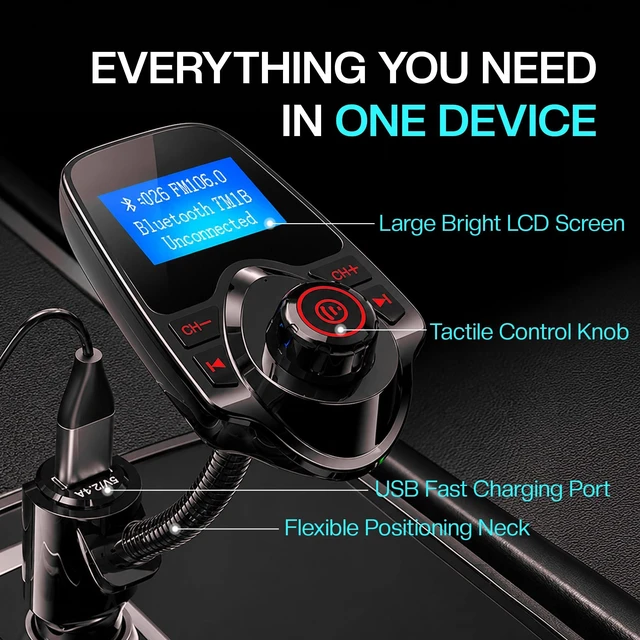 Alt view image 2 of 7 - Bluetooth FM Transmitter for Car, Bluetooth Car Adapter, Black | Dual USB Fast Charging, Bluetooth 5.0, 1.44" LCD, Bluetooth USB MicroSD AUX, Flexible Gooseneck, 12V-24V for Cars SUVs Trucks