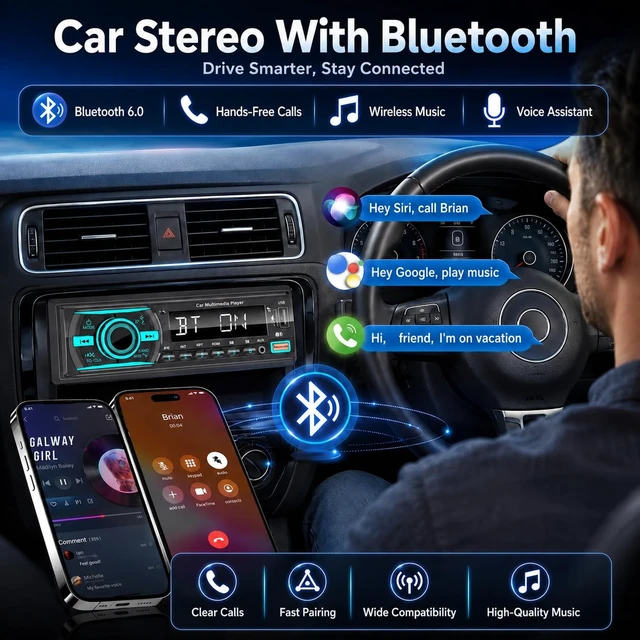 Alt view image 3 of 7 - Single Din Radio Car Stereo with Bluetooth - FM, USB, EQ, AUX, App, No CD | Car Radio Bluetooth with FM/Dual USB/AUX/TF/EQ/MP3/RCA,Support Clock Display,iOS & Android App Control, Upgrade Car Radio