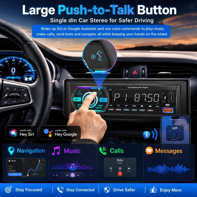 Alt view image 4 of 7 - Single Din Radio Car Stereo with Bluetooth - FM, USB, EQ, AUX, App, No CD | Car Radio Bluetooth with FM/Dual USB/AUX/TF/EQ/MP3/RCA,Support Clock Display,iOS & Android App Control, Upgrade Car Radio