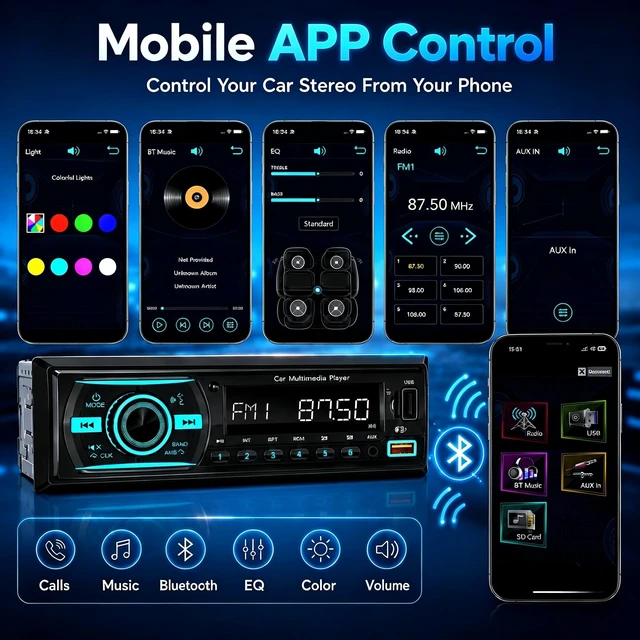 Alt view image 5 of 7 - Single Din Radio Car Stereo with Bluetooth - FM, USB, EQ, AUX, App, No CD | Car Radio Bluetooth with FM/Dual USB/AUX/TF/EQ/MP3/RCA,Support Clock Display,iOS & Android App Control, Upgrade Car Radio