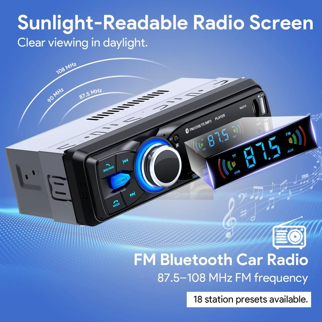 Alt view image 3 of 7 - Car Radio with Bluetooth 5.0, Single DIN Car Stereo Bluetooth | with FM and Hands-Free Calling, 1 DIN Radio with 2.1A Charging Port, 2 USB/AUX/TF Card/MP3/WMA/WAV Player, No CD/DVD Player