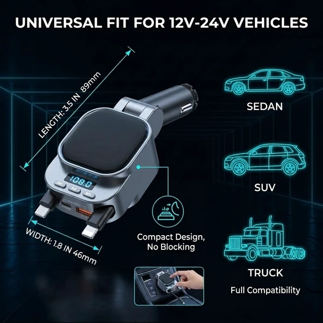 Alt view image 7 of 7 - Bluetooth 5.3 Car Adapter, 96W FM Transmitter, 4-in-1 Retractable Charger | 96W Fast Charging | Bluetooth 5.3 Auto-Reconnect | 2 Retractable Cables (USB-C+Lightning) | 2 USB Ports | AUX+FM